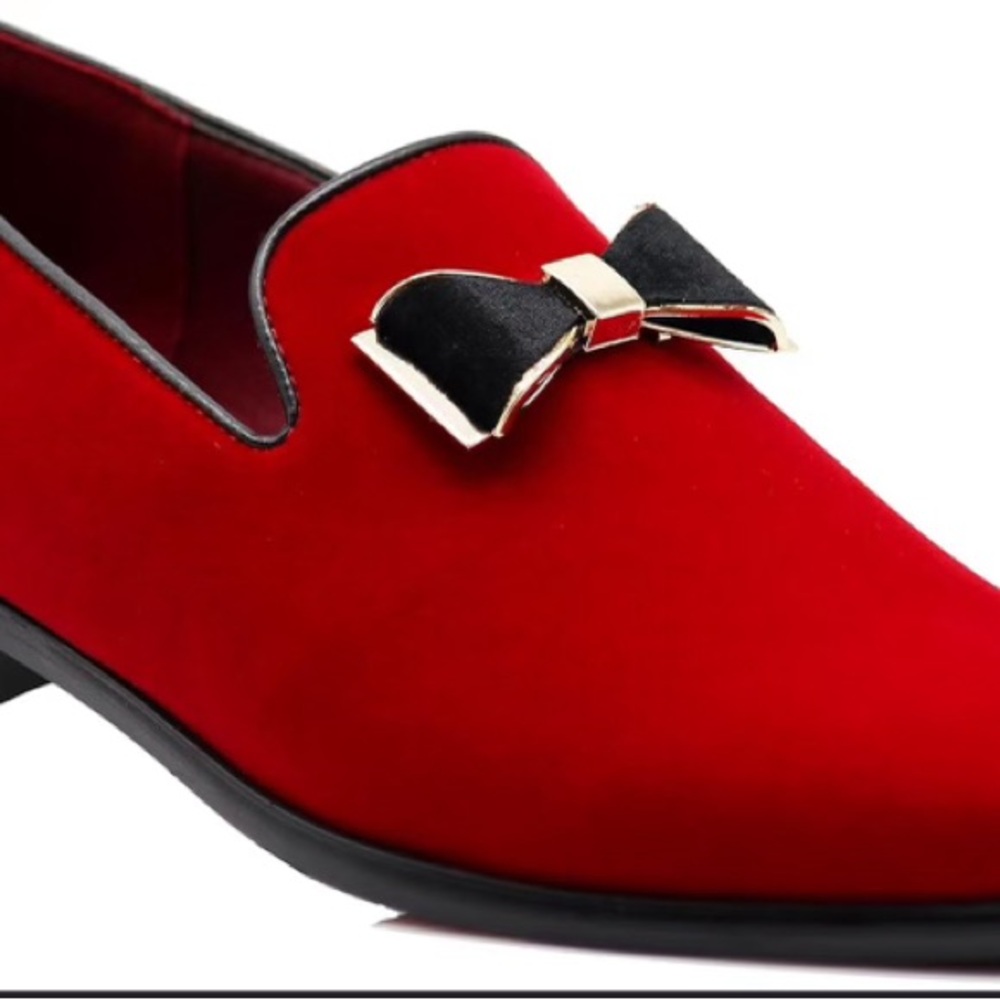 Luxurious Red Velvet Men's Loafers with Black Bow